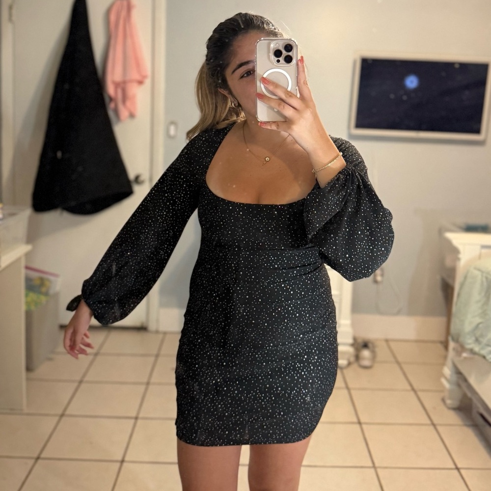 Elegant Black Sparkling Polka Dot Dress